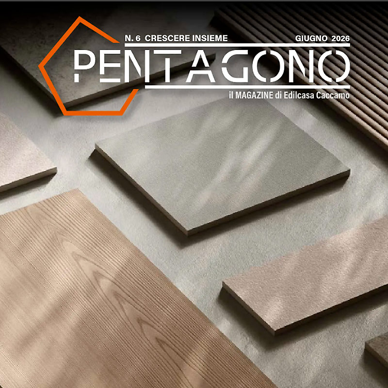 Cover of Pentagono magazine (June 2026) showing wood flooring samples arranged on a surface, with an orange polygon logo and bold title text across the top, Italian subtitle included.