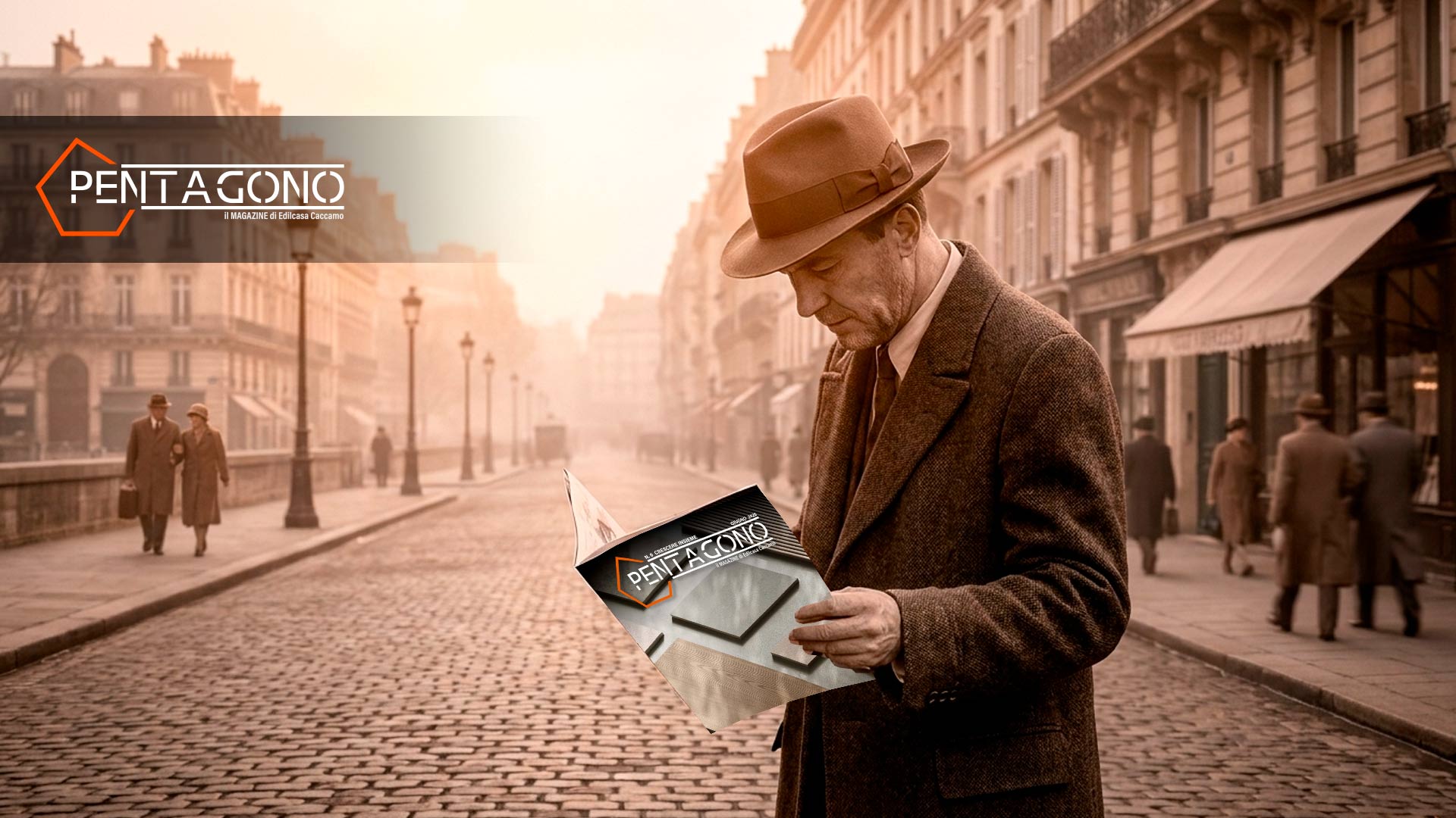 Man in a brown coat and fedora reads a folded newspaper on a cobblestone street with a large 'PENTAGONO' magazine banner overlay in the foreground.
