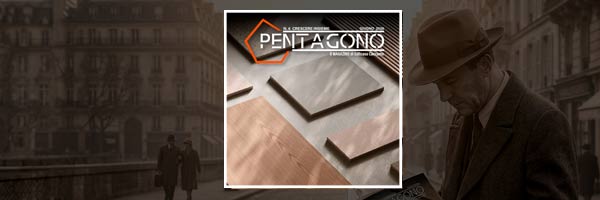 Promotional banner for Pentagon showing geometric metal samples with the brand logo on an urban background